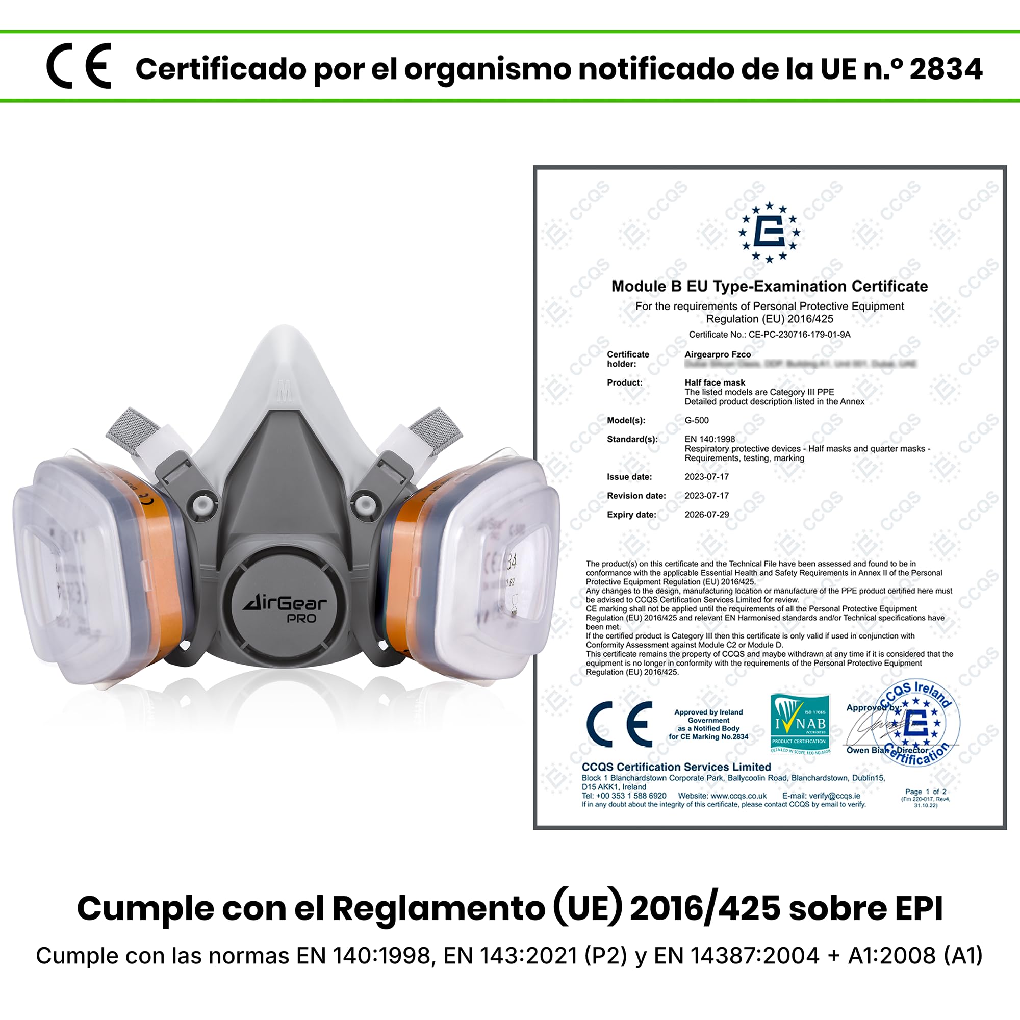 AirGearPro G-500 Máscara Respiratoria Reutilizable, Antipolvo, Antigás con Filtros y Gafas de Protección para Pintar, Construcción, Bricolaje, Lijado