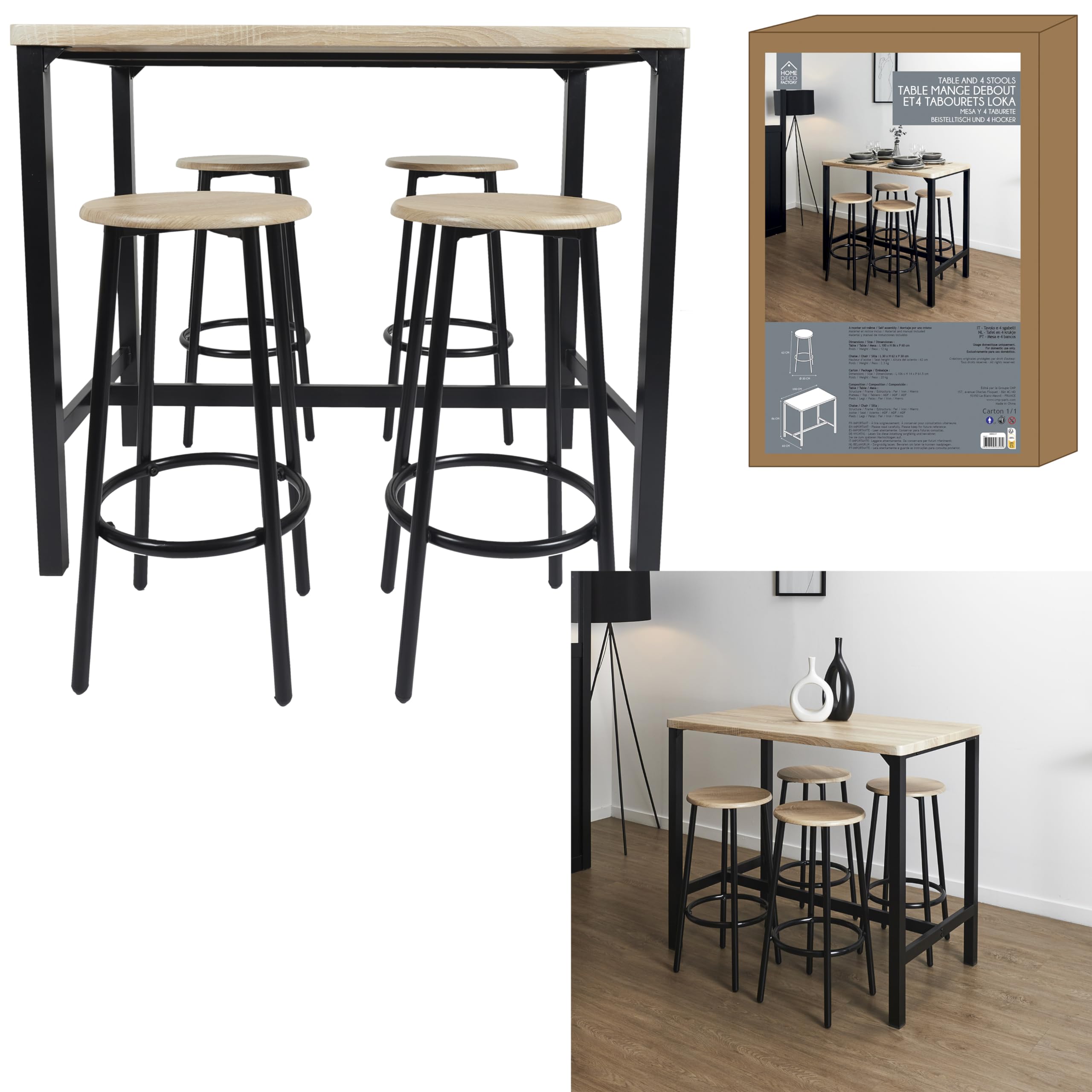 HOME DECO FACTORY Table Mange-Debout avec 4 Tabourets Industriel Marron