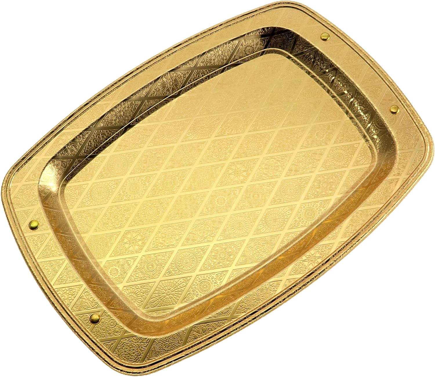(Pack of 2) 14 inch x 10 inch Oblong Iron Gold Serving Tray Edge Floor Pattern Engraved Decorative Holiday Wedding Birthday Dessert Snack Wine Candle Platter Plate Party Base GD-225
