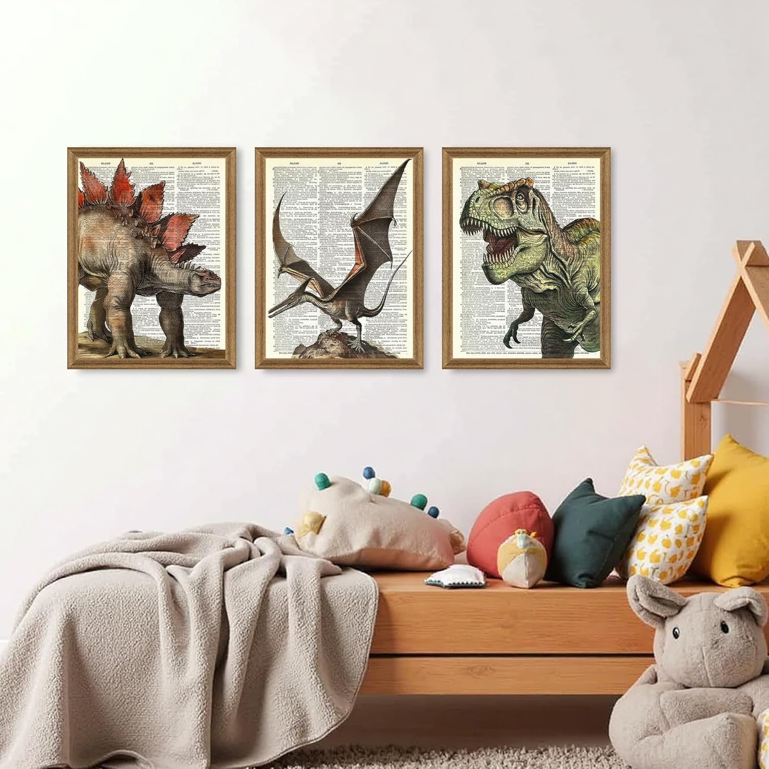 Ovczax 3 Pieces Dinosaur Wall Art - Dinosaur Wall Decor For Boys Room, Tyrannosaurus Rex, Pterodactyl, Stegosaurus Canvas Wall Art Poster 24" x 16"With Framed