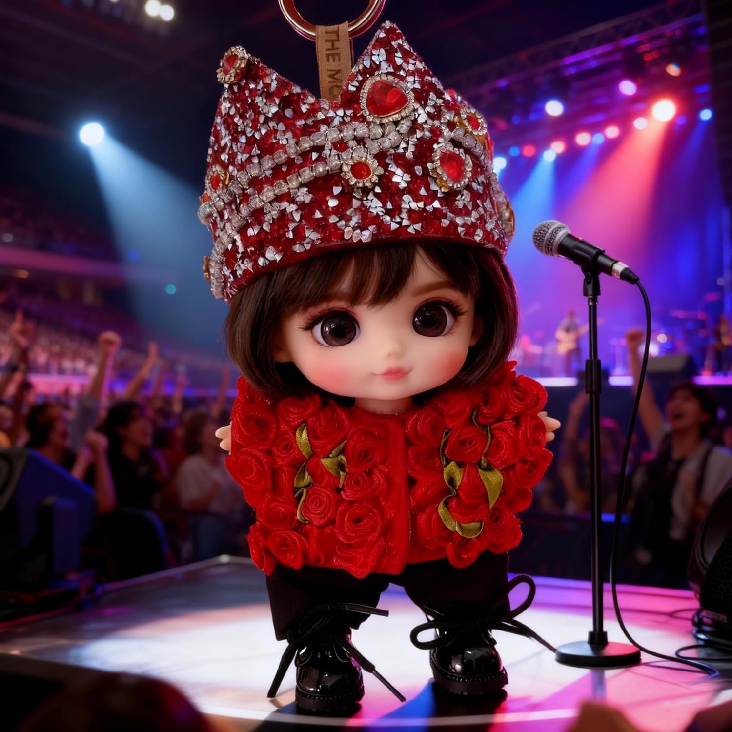 Compatible with Labubu ：5-Piece Red Doll Outfit Set – 3D Rose Top, Hat, Pants, Shoes & Necklace for Fashion Dolls