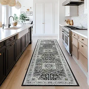 Madane Washable Runner Rug 2x8, Runners for Hallways Non-Slip Kitchen Runner Rugs Ultra-Thin Laundry Room Carpet Runner for Entrance Living Dinning Room Foyer, Grey Green/Black Olive