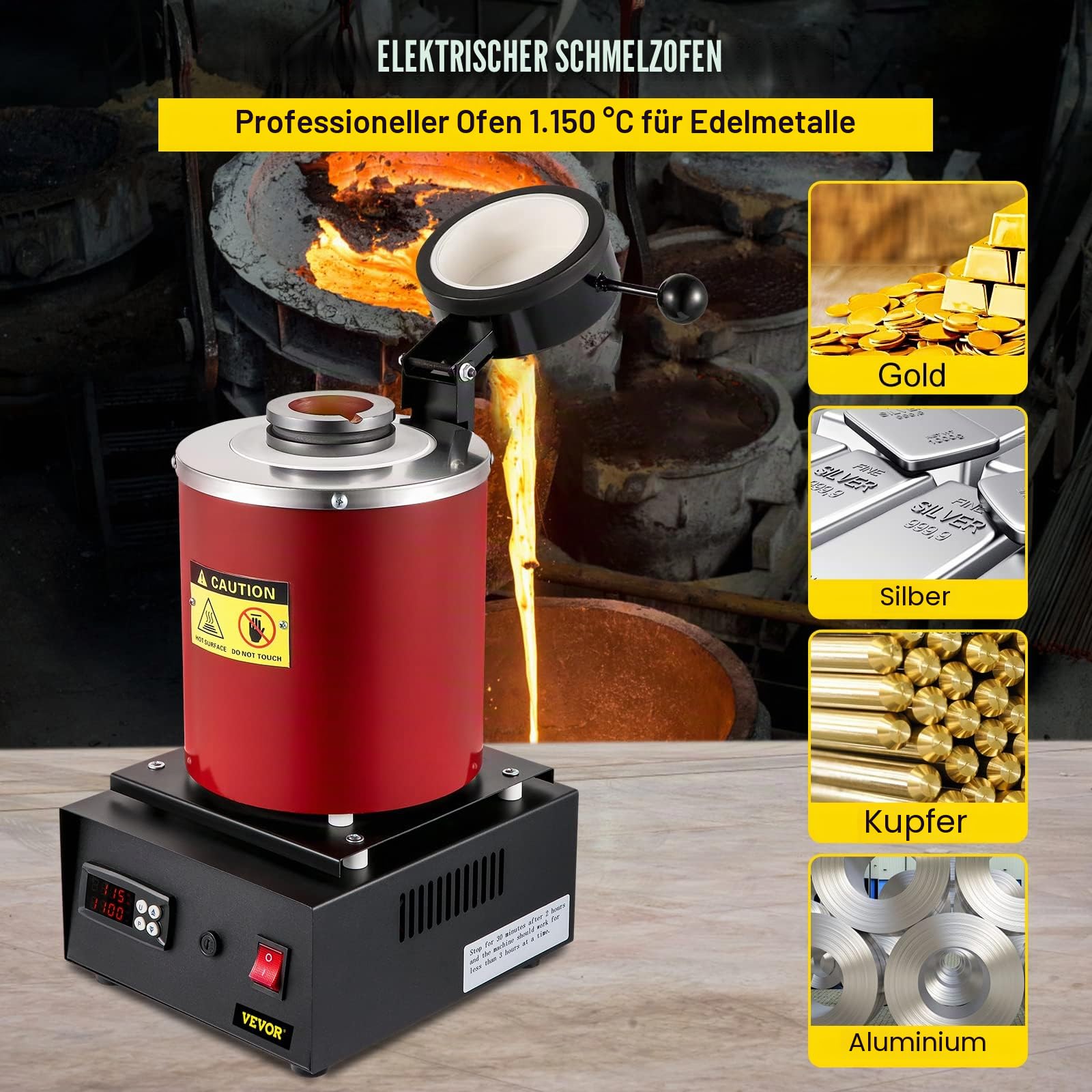 VEVOR Schmelzofen, automatisch, elektrisch, 3 kg, 1750 W, Goldschmelzofen, 1150 °C, professioneller Schmelzofen, digitale Steuerung mit Tiegel aus Graphit, schnelle Erwärmung für Metallbehandlung