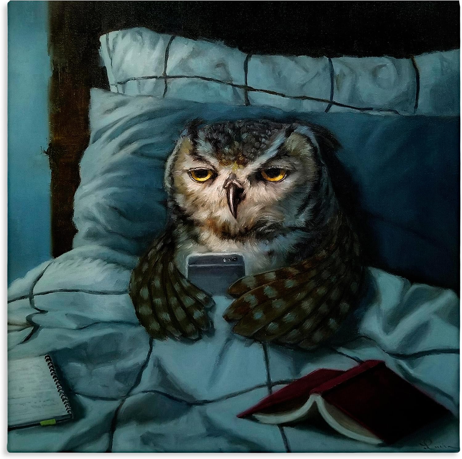 Stupell Industries Night Owl on Phone in Bed Funny Animal, Designed by Lucia Heffernan Canvas Wall Art, 36 x 36, Brown