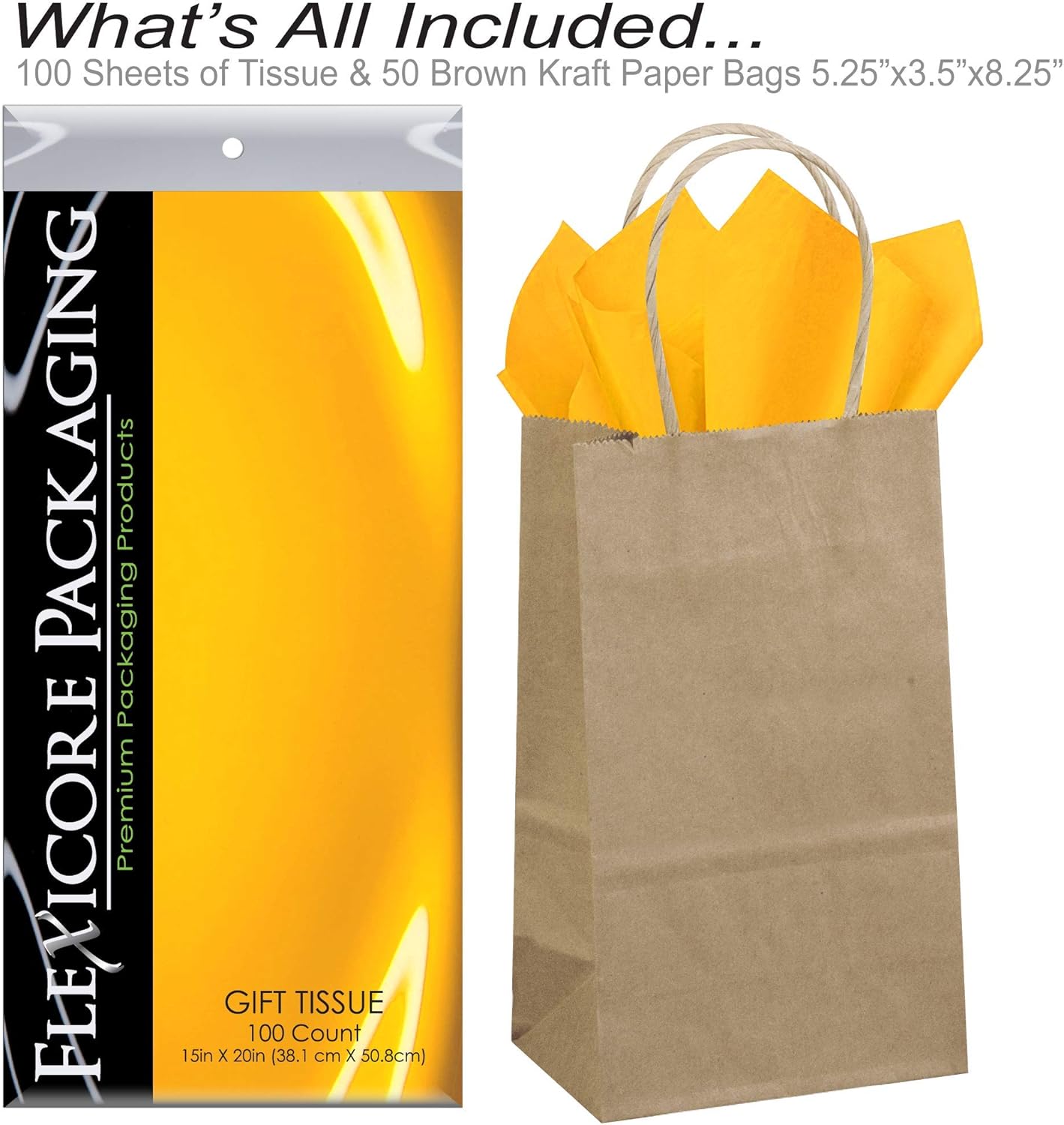 Flexicore Packaging® 50ct Natural Brown Kraft Paper Gift Bags + 100ct Gift Tissue Paper (Goldenrod Yellow)