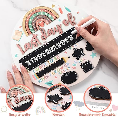 Miniatura 3 de Thyle Letrero de madera 3D para el primer y último día de escuela, reutilizable, de doble cara, redondo, arcoíris, borrable, bohemio, para el primer