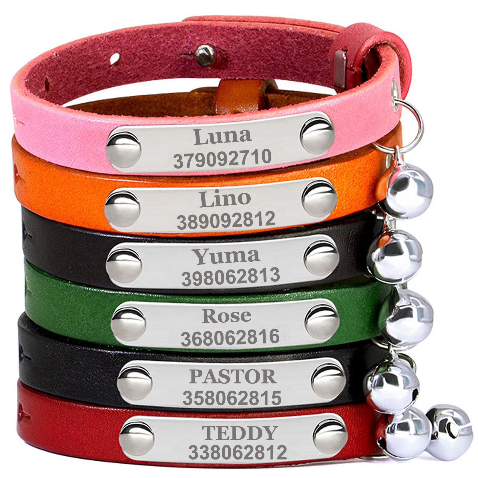 Suiecuor Personalised Cat Collar with Name and Phone Number Genuine Leather Cat Collar with Engraved Plate and Bell