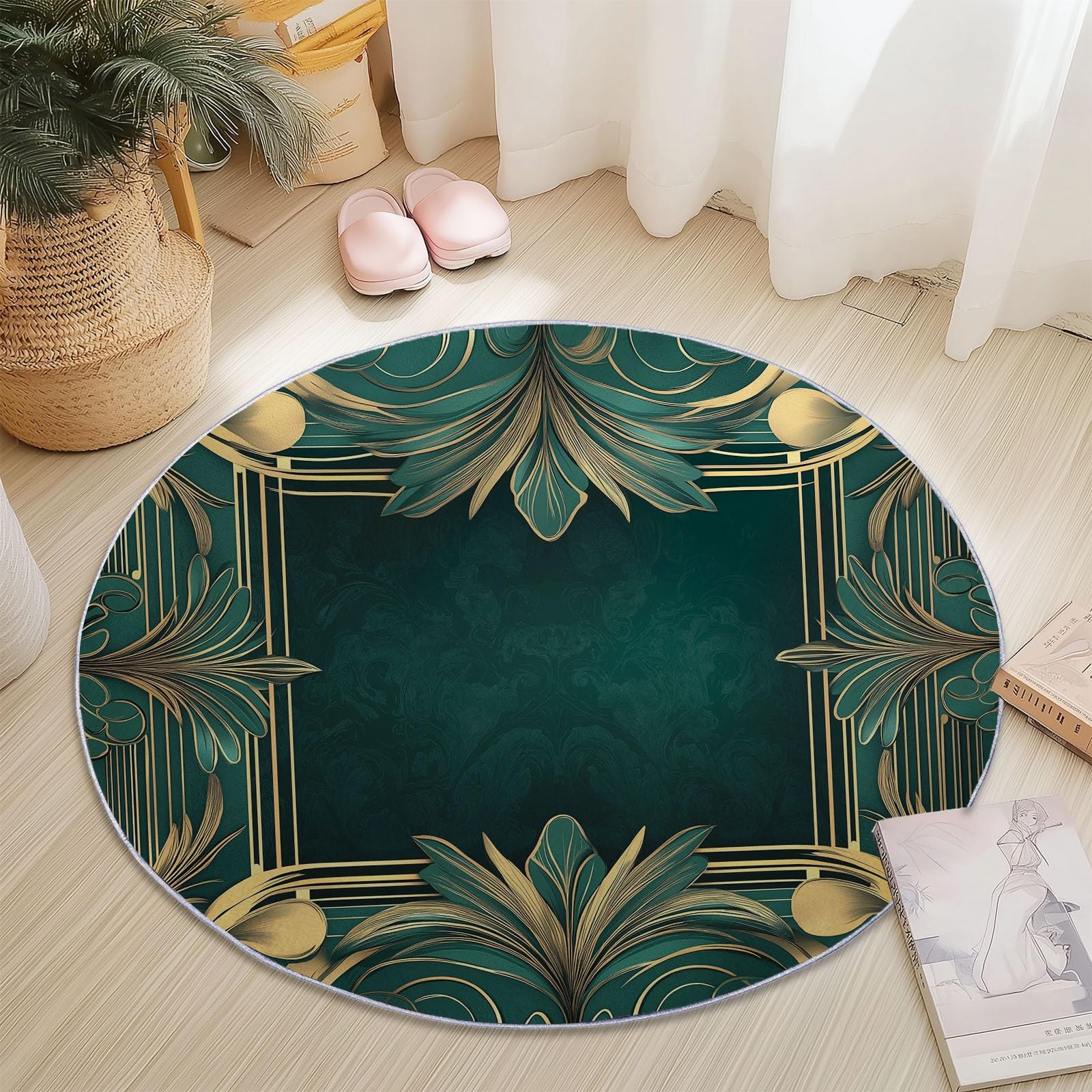 Rugs Living Room Round 90 cm Vintage Floral Decorations Green Gold Washable Circle Area Rugs, Bedroom Carpet Round Short Pile Anti Slip for Dining Room Kids Room Hallway โ image 1