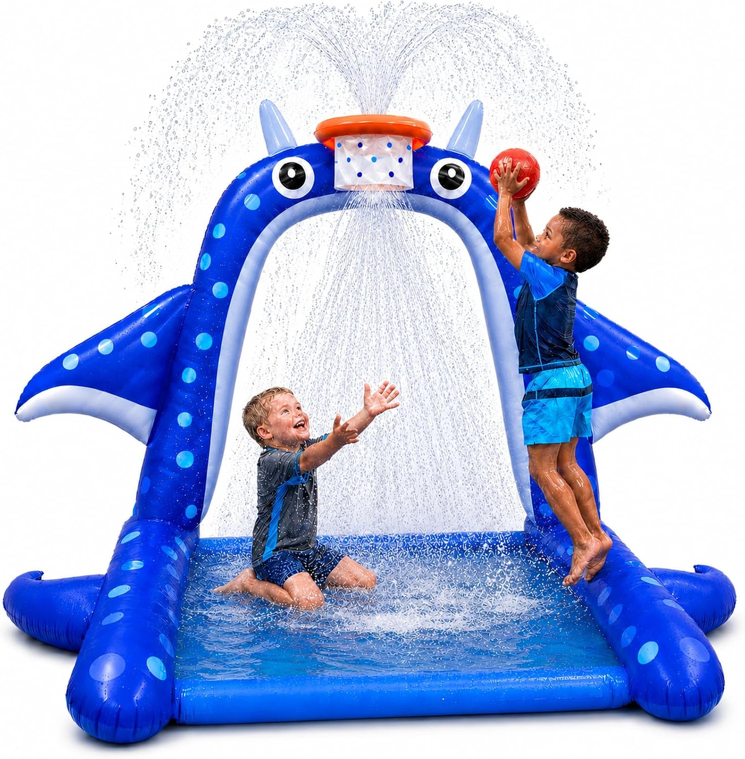Sprinkler Splash Pad for Kids: Manta Ray Sprinkler with Basketball Hoop