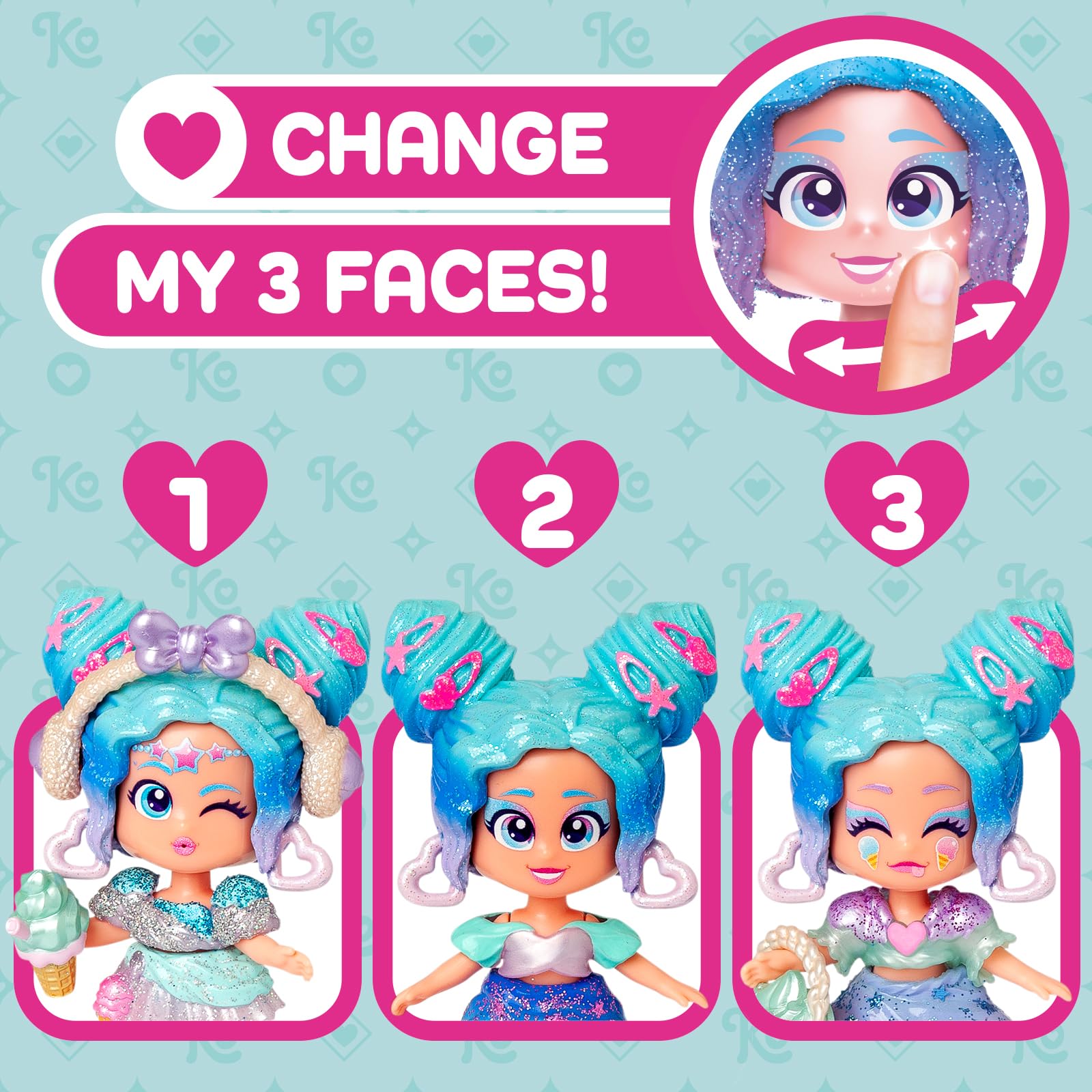 KOOKYLOOS CANDY LAND ICE CREAM STARS – 3 w 1 słodka stylowa lalka,zawartość:1 laleczka,3 stroje,2 pary bucików, mały jednorożec,przekąska, akcesoria Mix&Match i niebiesko-turkusowa torebka babeczka.
