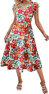 Womens Summer Casual Dresses Ruffle Sleeve V Neck Midi Dress Flowy Tiered Dress with Pockets Boho Sundresses - Buy now