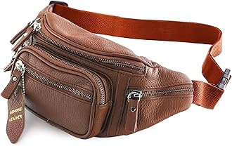 Fanny Pack Waist Bag Multifunction Genuine Leather Hip Bum Bag Travel Pouch for Men and Women- Multiple Pockets & Sturdy Zippers Ideal for Hiking Running And Cycling, Tan, One Size