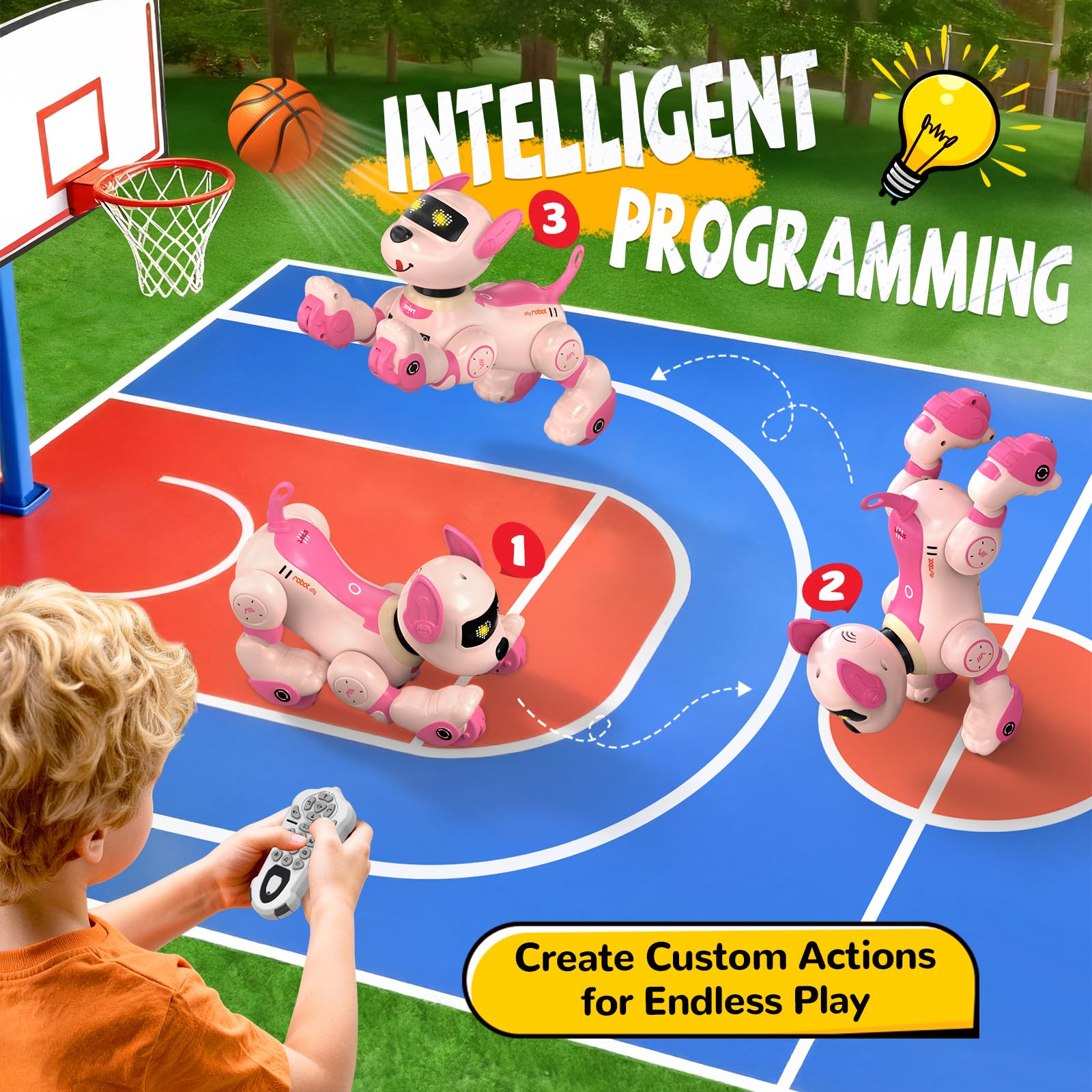 anysun Cane Robot, Giocattolo Cane Robot Ricaricabile, Giocattolo Programmabile con Funzione di Seguito, Comandi Vocali, Telecomando e Sensori Tattili, Regalo di Natale Ideale per Bambini (Rosa)