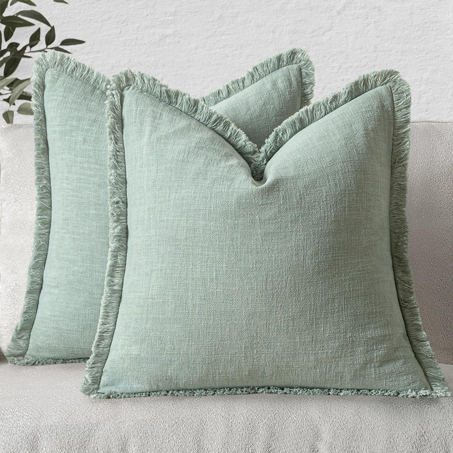 MIULEE Linen Fringe Decorative Euro Throw Pillow Covers Aqua Green 26x26