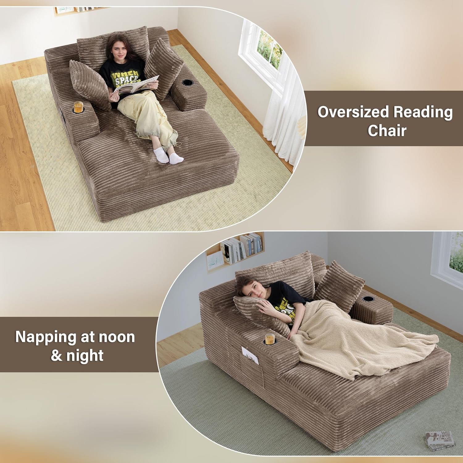 Oversized Chaise Lounge Chair Indoor with Cup Holders & Side Pocket, 50"W x 68"D Plush Corduroy Boneless Chaise Lounge with Thickened Backrest & Deep High Seat Comfy Reading Chair - Dark Camel