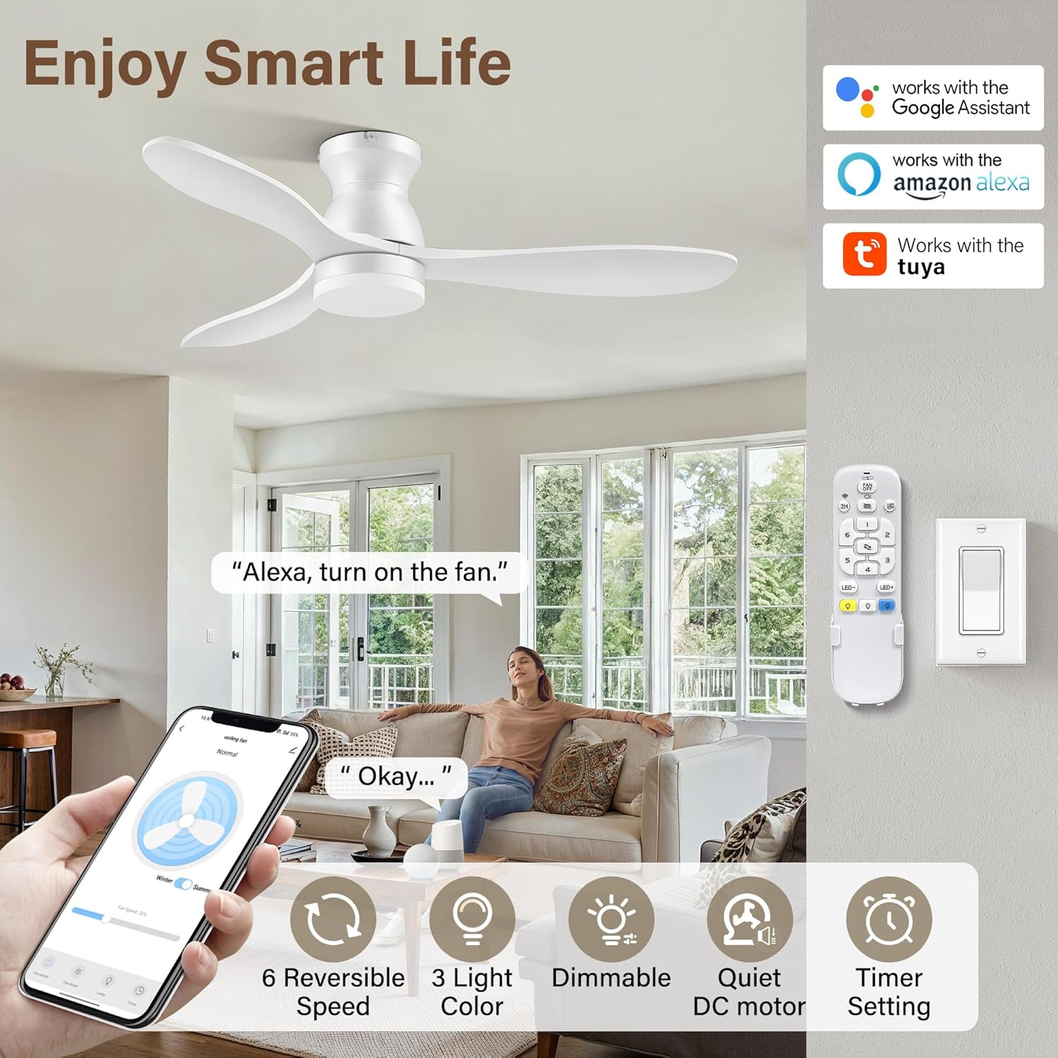42" Wood Smart Ceiling Fans with Lights,Quiet DC Motor,Flush Mount Ceiling Fan with Remote,Alexa,APP, White Low Profile Hugger Fan for Bedroom,Living Room,Porch,Outdoor Indoor Use,Dimmable,3 Blades