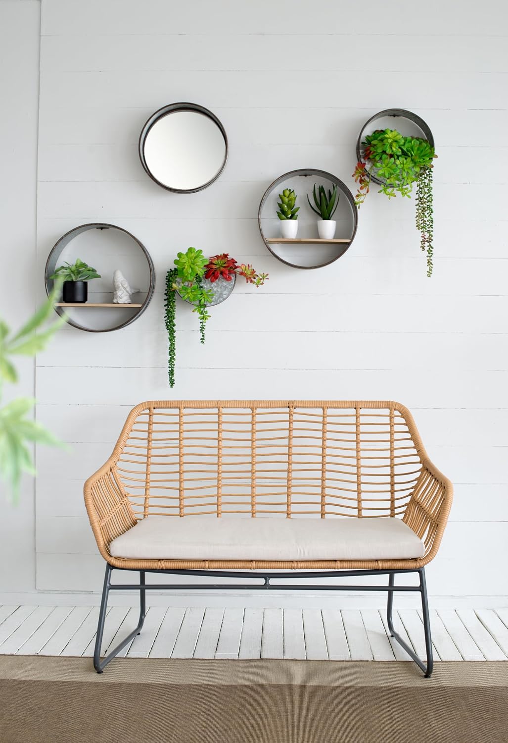 Farmhouse Round Metal Wall Planter Set – 5 Piece Modular Vertical Garden with Wood Shelves, Mirror-Backed Planter & Deep Pocket, Galvanized Metal