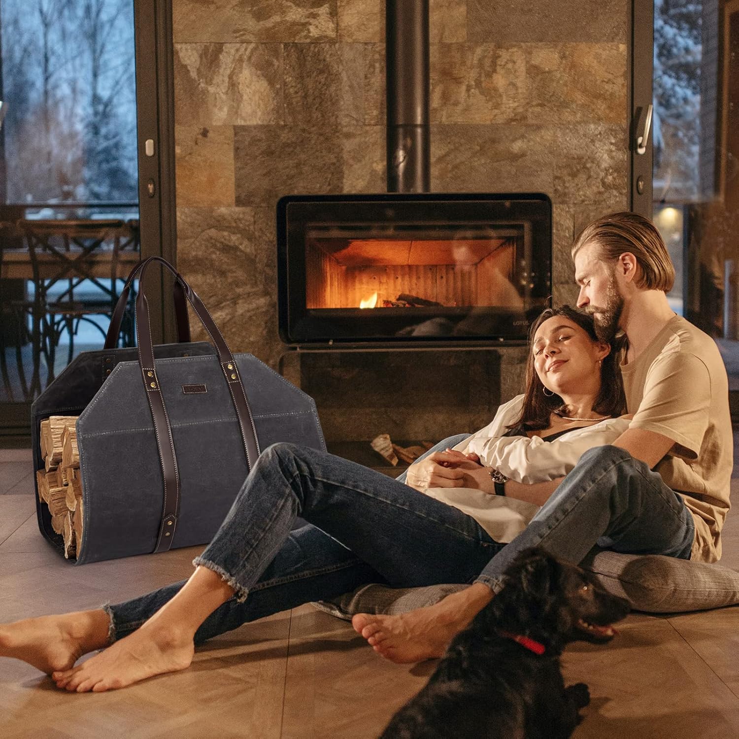 Log Carrier|Waxed Canvas Log Holder|Firewood Carrier Tote Bag|Fireplace Wood Stove Accessories-Grey - Image 9