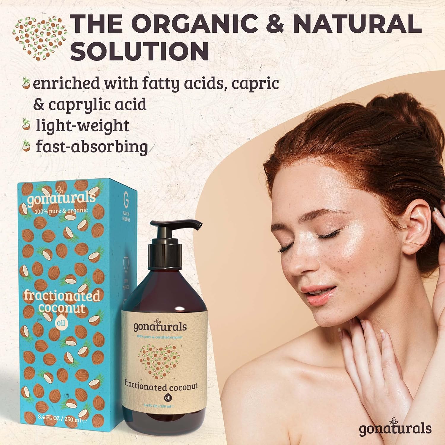 GoNaturals Fractionated Coconut Oil for Skin Hair & Face -250ml- 100% Pure, Anti-Aging, Hydrating, Scalp, Lips, Beards, Nails - Image 3