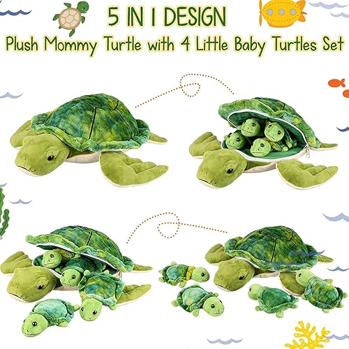 Miniatura 3 de Aoriher Juego de 5 piezas de tortuga marina de felpa, mamá de 12 pulgadas con 4 tortugas pequeñas, juguetes de peluche suaves para recuerdos de