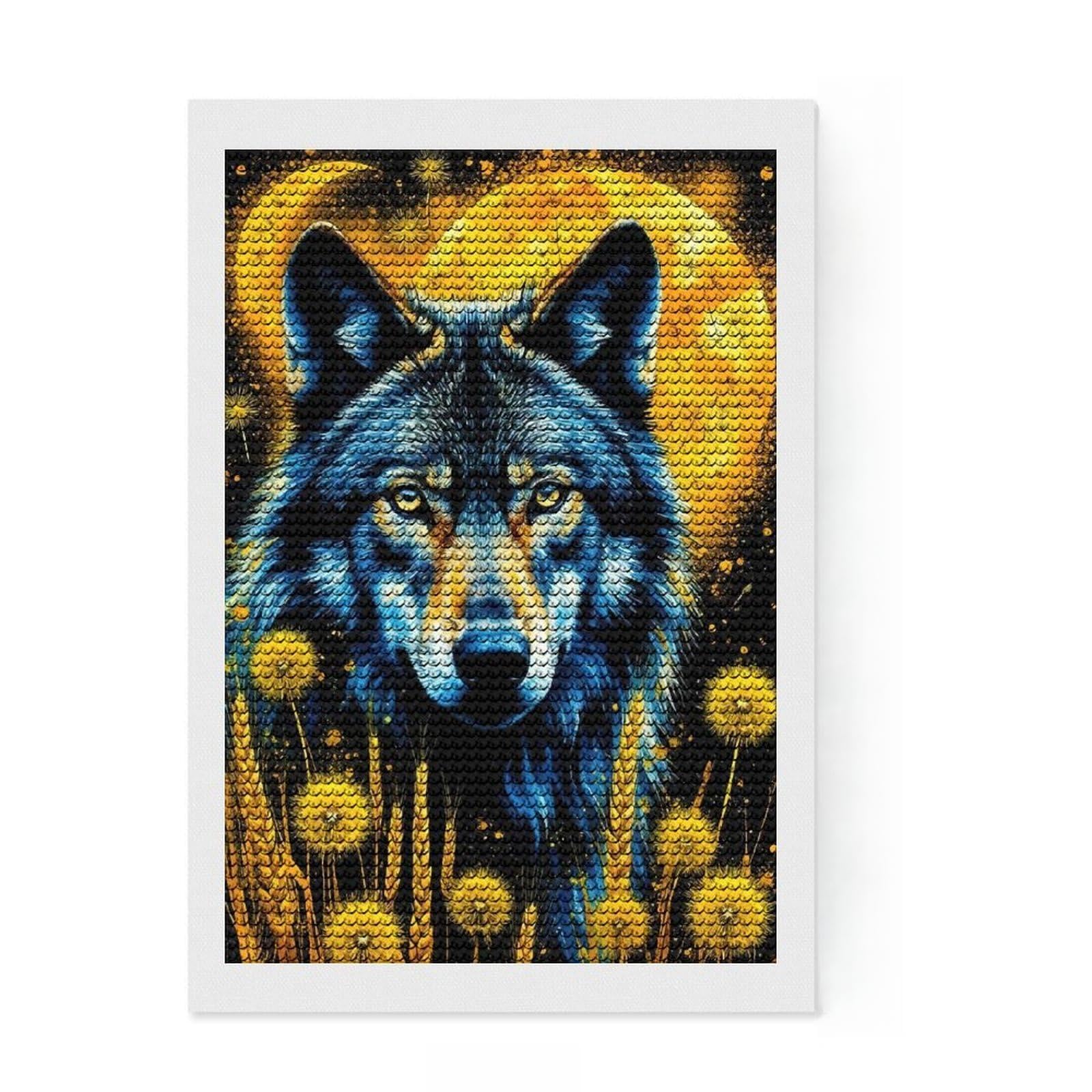Junmoney Wolf Moon Dandelions Diamond Painting Kit 8"x12", Full Kit Included, Calming Craft to Unwind, Office Decor, Gift Idea, Easy to Enjoy