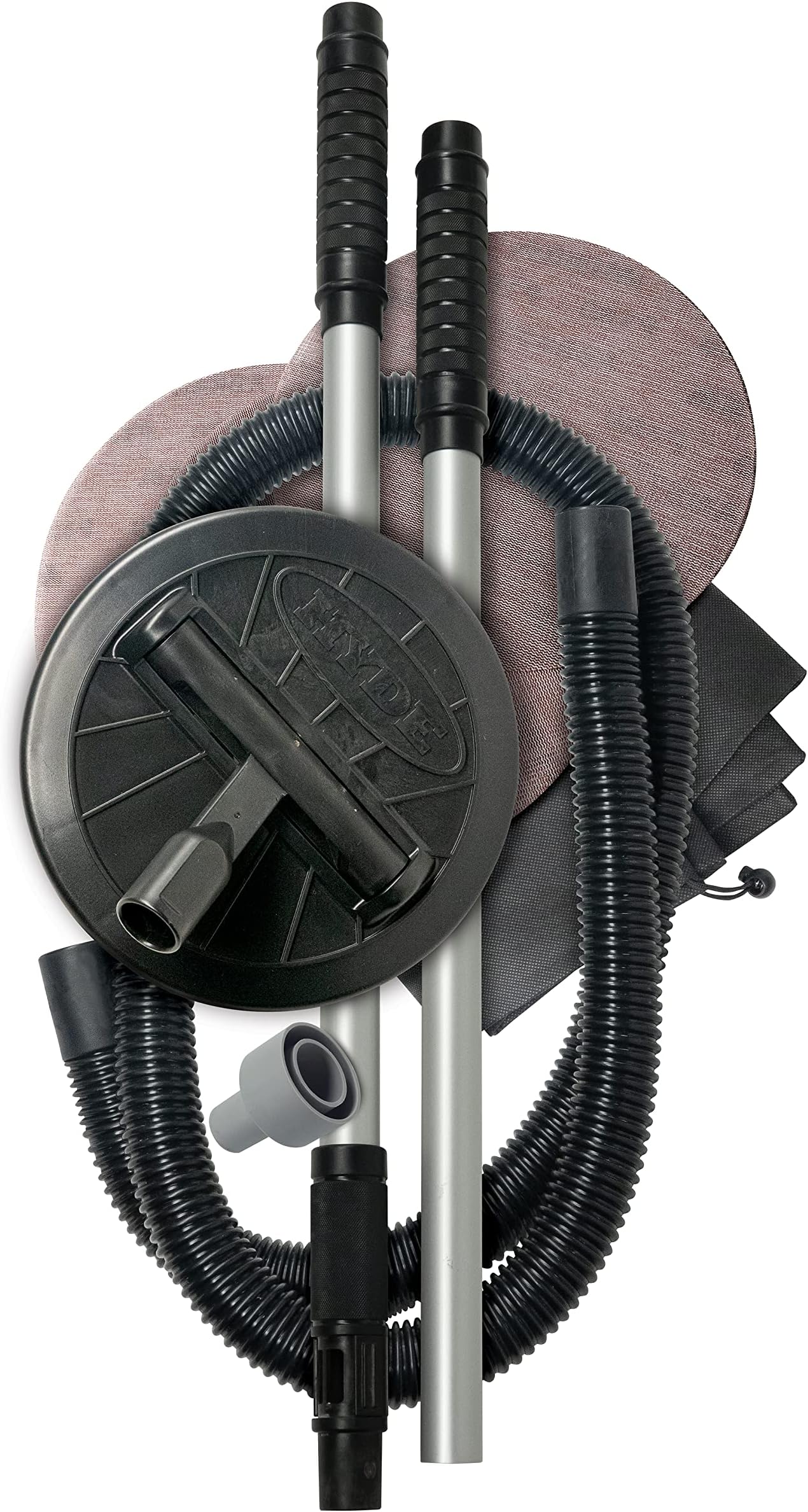Hyde Dust-Free Sander Kit 9-inch Round with Two-piece Lightweight Extension Pole, Pivoting Head For Walls or Ceilings, Included 6 Foot Hose with Suction Control Valve Joins with Your Wet/Dry Vacuum