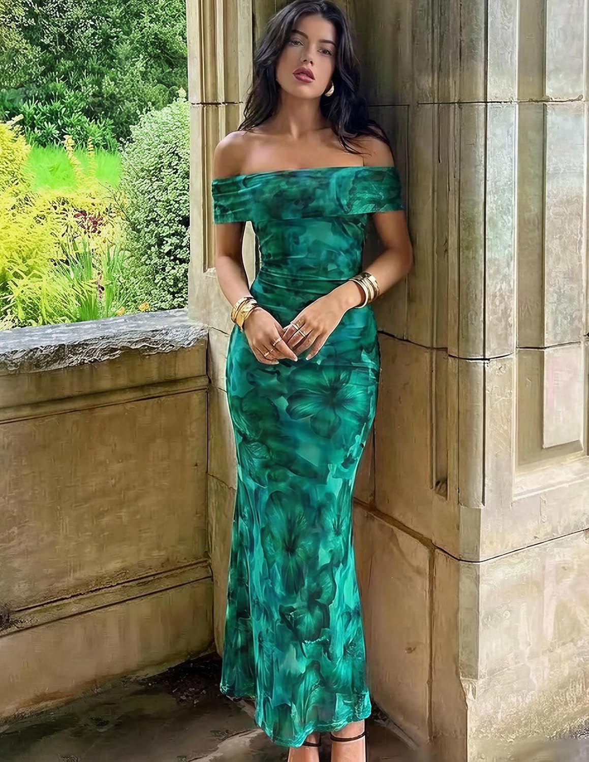 MEROKEETY Women's Spring Off Shoulder Floral Maxi Dress 2026 Summer Formal Beach Wedding Guest Cocktail Bodycon Dresses - Image 7