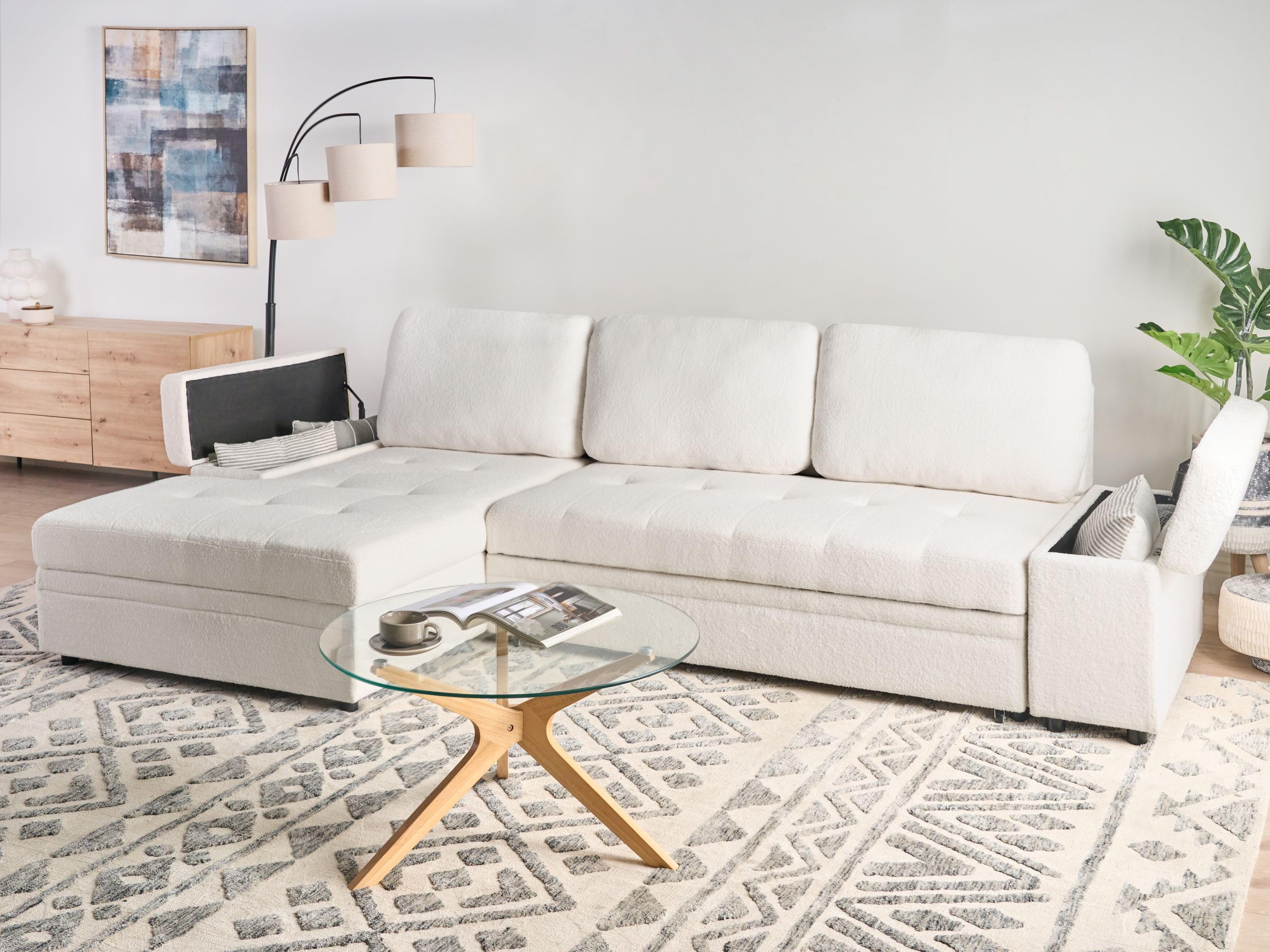 Beliani 3-Sitzer Ecksofa L-Form Bouclé weiß rechts mit Schlaffunktion Strauraum Hirsley