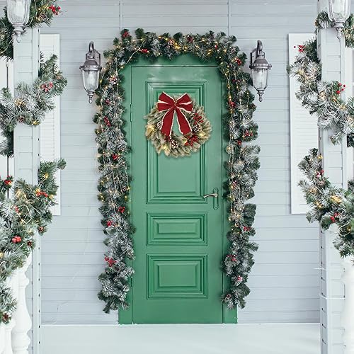 Miniatura 4 de Twinkle Star - Corona iluminada de Navidad, corona pequeña de 13 pulgadas con gran lazo rojo, agujas de pinos y luces LED, para decoración navideña