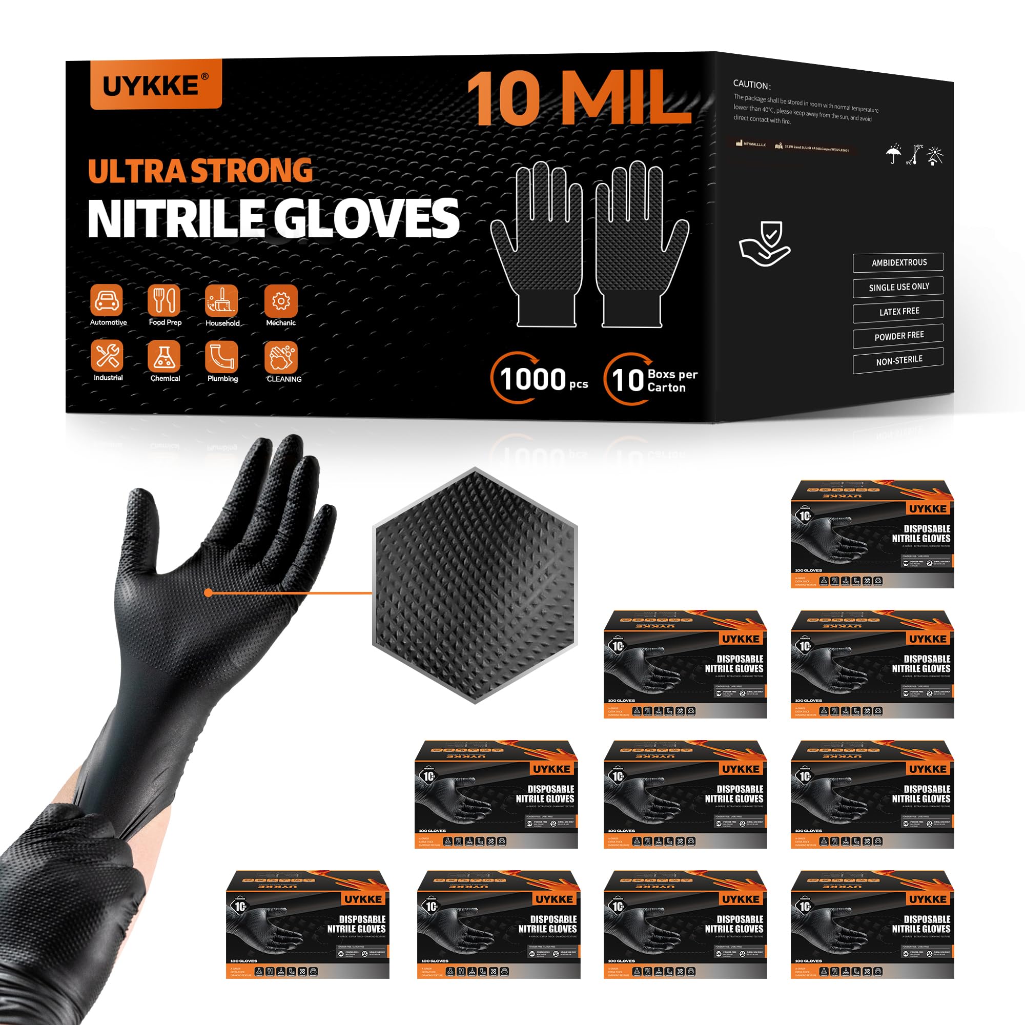 UYKKE HEAVY DUTY 10 Mil Nitrile Gloves Disposable Rubber Cooking Gloves Industrial Raised Diamond Texture,Latex Free 1000PCs