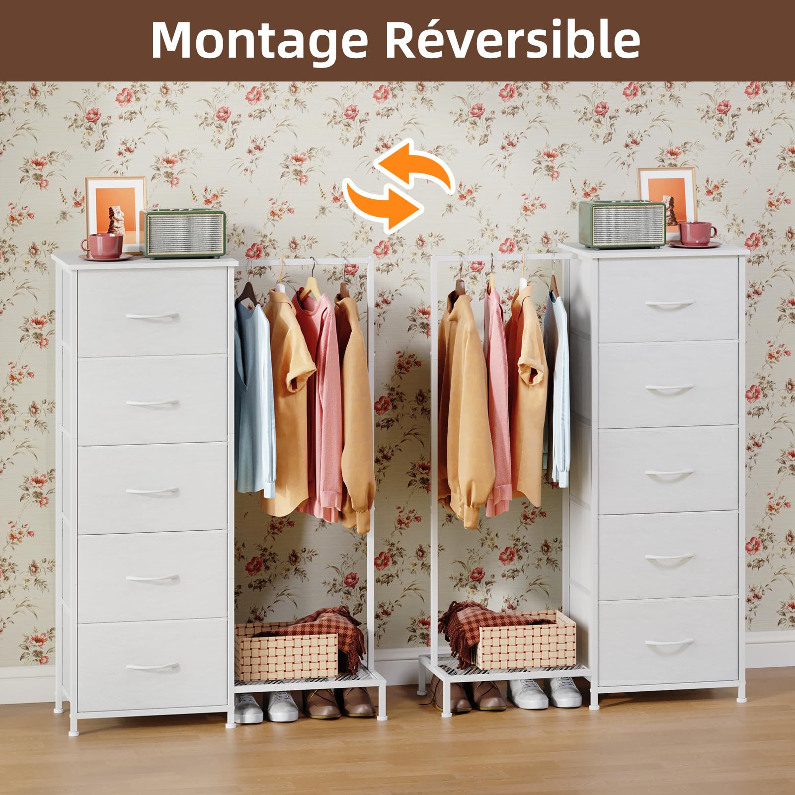 Somdot Commode Chambre avec Penderie, Meuble de Rangement Chambre à 5 Tiroirs en Tissu, Commode pour Salon, Couloir, Entrée, Adult, 30P x 79l x 114,5H, Blanc