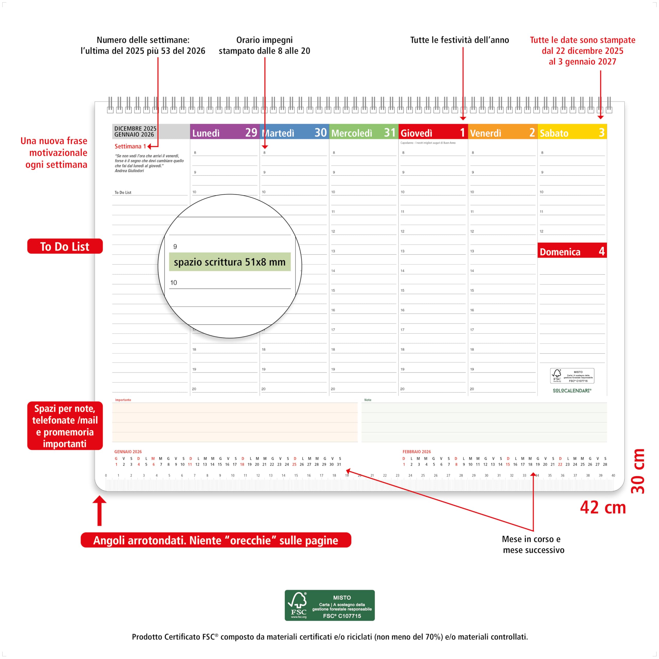 Planner 2026 Settimanale da Tavolo SPIRALATO con tutte le DATE 2026 STAMPATE in Carta ECOLOGICA Certificata FSC® Mix Credit - Planning 2026 perfetto per casa e ufficio con ANGOLI ANTIORECCHIE (30x42)
