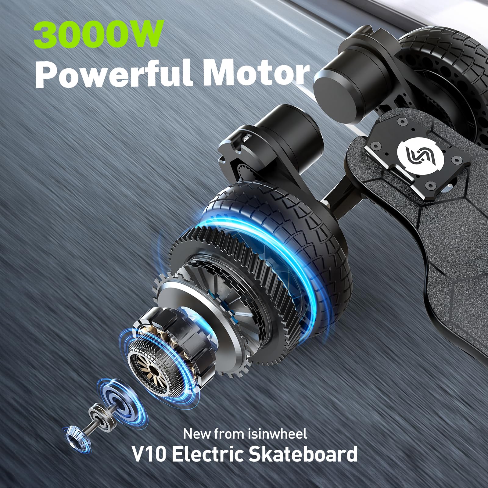 isinwheel V10 Electric Skateboard with Remote, 3000W Brushless Motor, 32 Mph Top Speed & 28 Miles Range, IP54 Waterproof, Electric Longboard Offroad for Adults ?Teens with Ambient Light