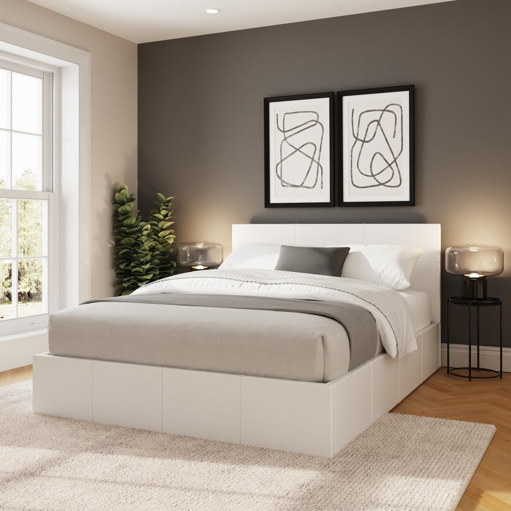 GFW Double White Side Lift Ottoman Storage Bed - Faux Leather Frame - Gas Hydraulic Lift
