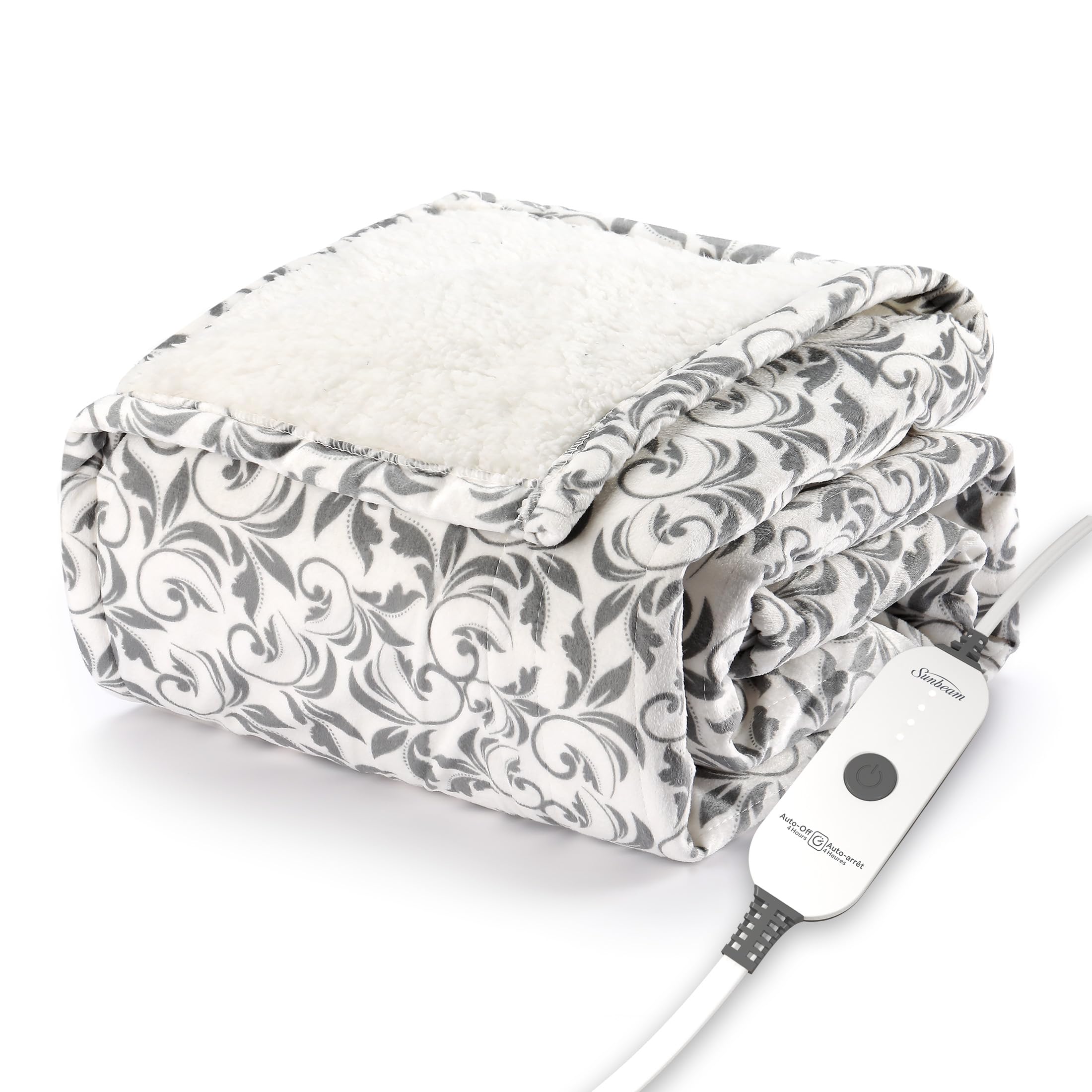 Sunbeam Royal Mink Sherpa Heated Throw Electric Blanket, 50" x 60", 4 Heat Settings, 4-Hour Auto Shut-Off, Warming Throw for Couch, Fast Heating, Machine Washable, Warm and Cozy, Grey Cape Paisley