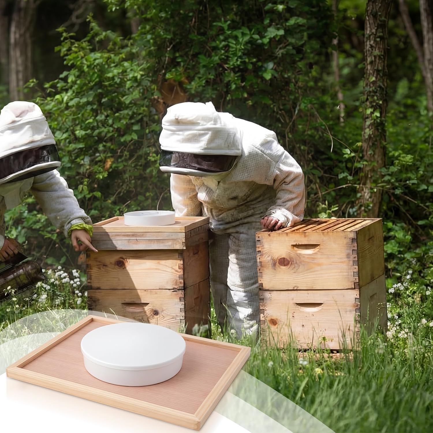 Set of 2 Round Bee Rapid Feeder and Beehive Inner Cover for 10 Frame Hive Box Bee Hive Inner Cover with Feeding Hole for Both Novice and Experienced Beekeepers