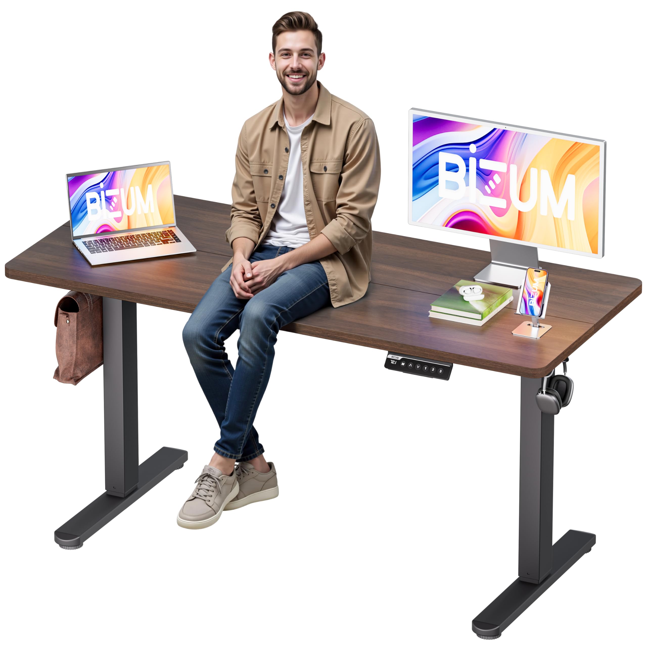 Photo 1 of BIZUM Electric Standing Desk, 55x24 inches Height Adjustable Desk, Sit to Stand Desks Memory Gaming Computer Workstation for Home Office, Dark Walnut