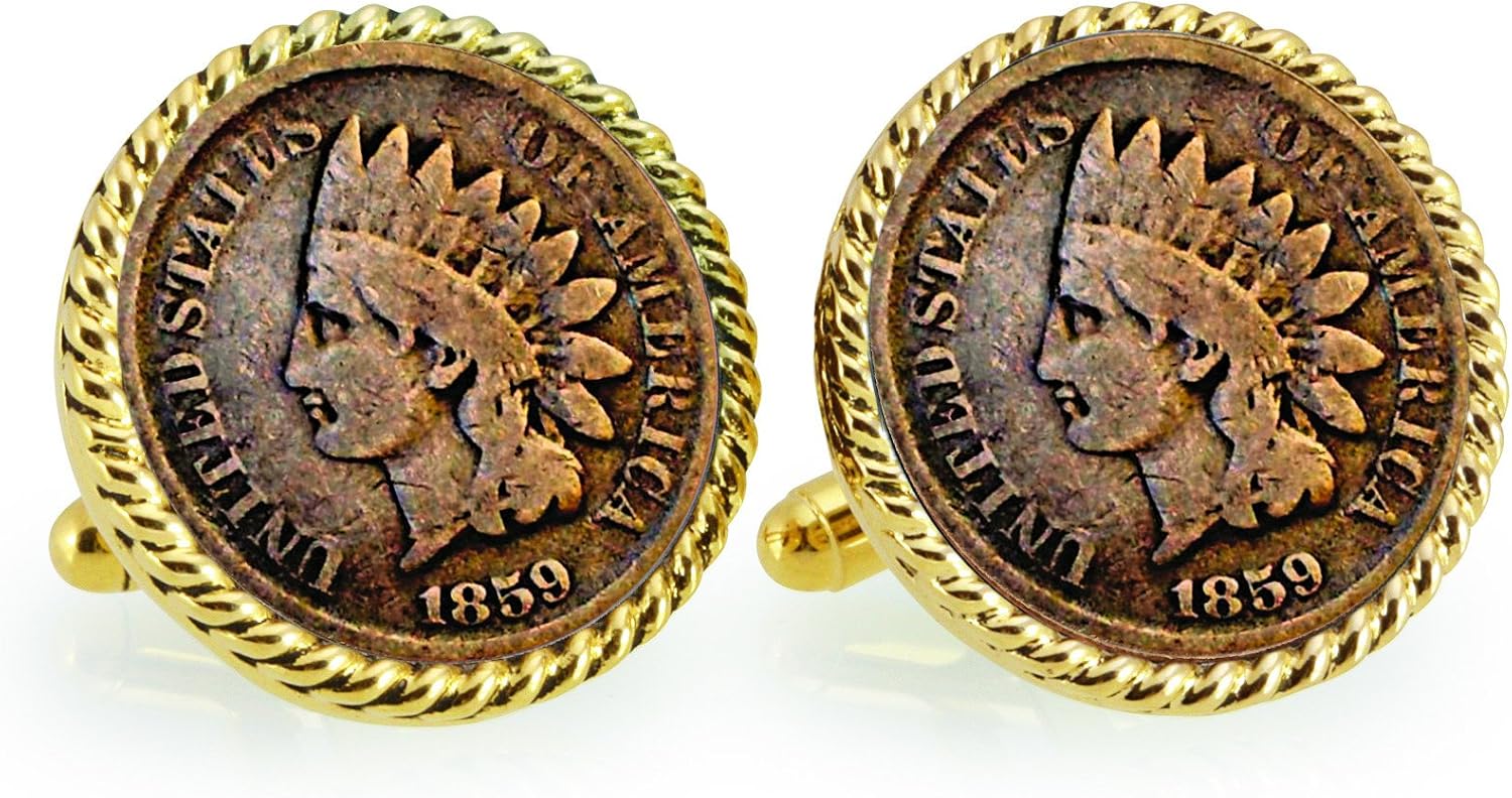 1859 First-Year-of-Issue Indian Head Penny Goldtone Rope Bezel Coin Cuff Links | United States Coins | Men's Cufflinks | Over 100 Years Old