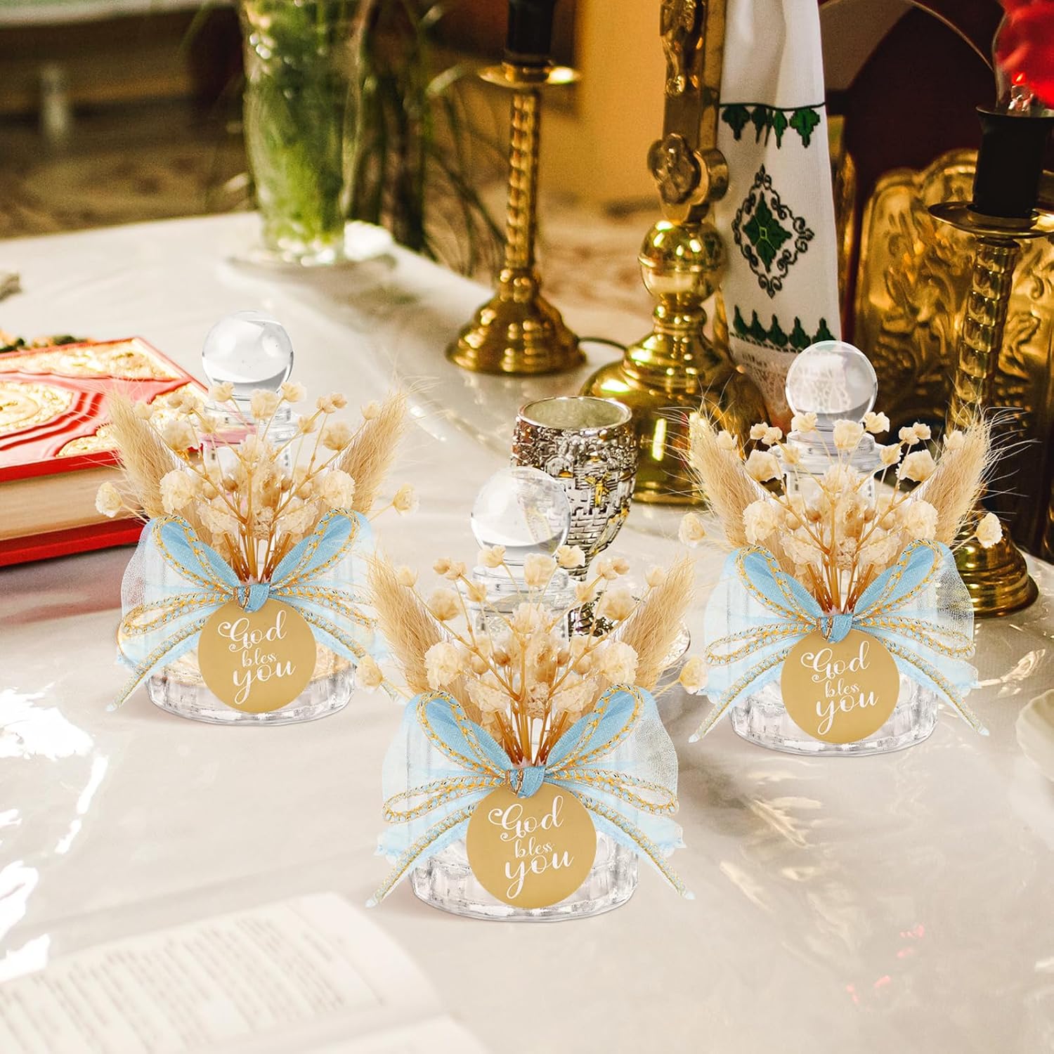 12 Set Holy Water Bottles Catholic Bulk Glass Baptism Favors for Guests Christian Water Container with Floral Organza Bags Bow for Holy Communion Gifts Church Wedding Baptism Decor (Blue, 12)