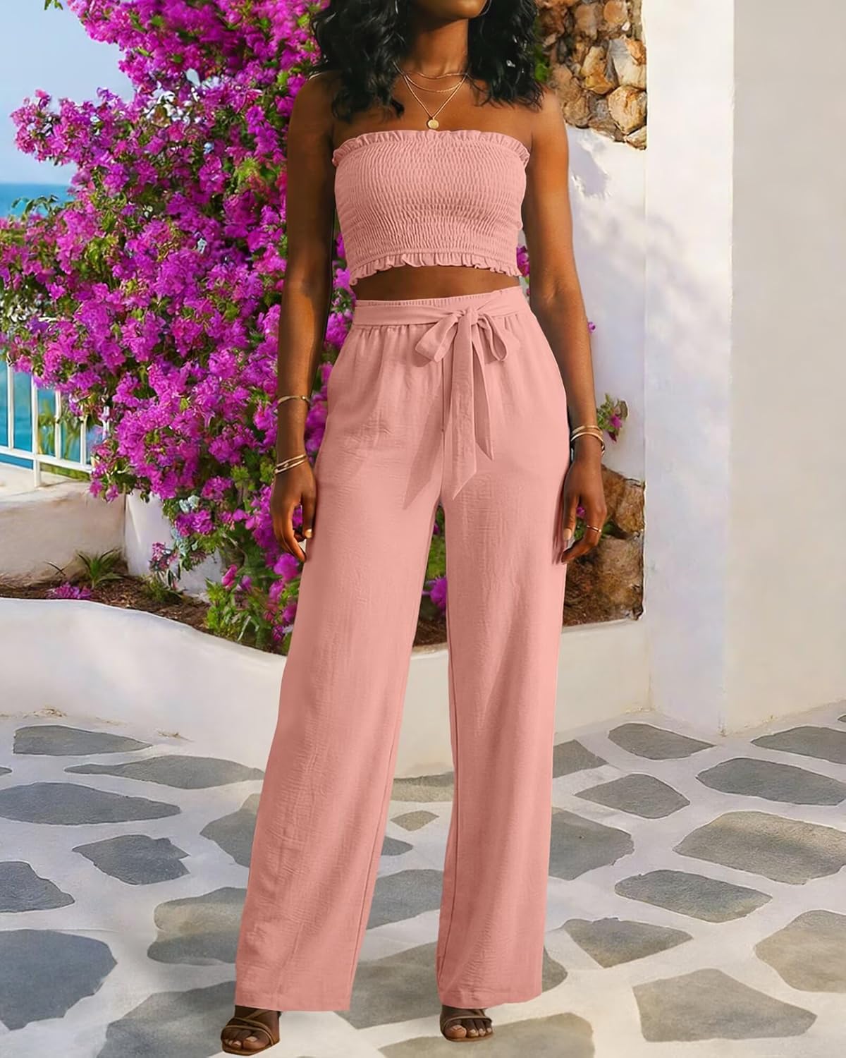 Ophestin Women Two Piece Outfits Knot Front Ruffle Trim Smocked Crop Top Wide Leg Pant Sets Vacation Outfit with Pockets - Image 5