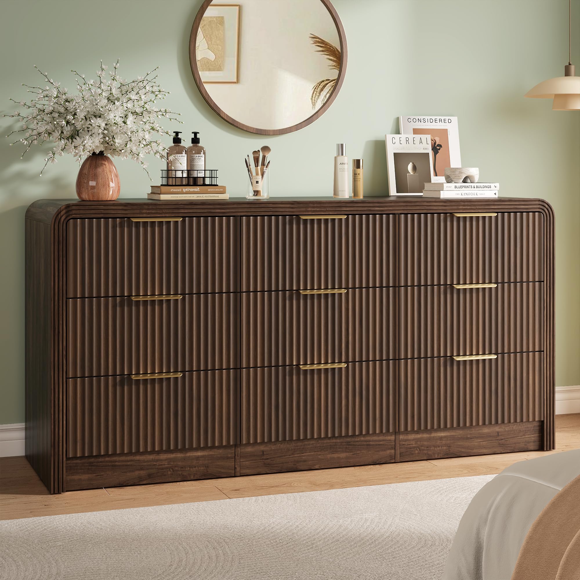 Decofy Fluted 9 Drawer Dresser Walnut