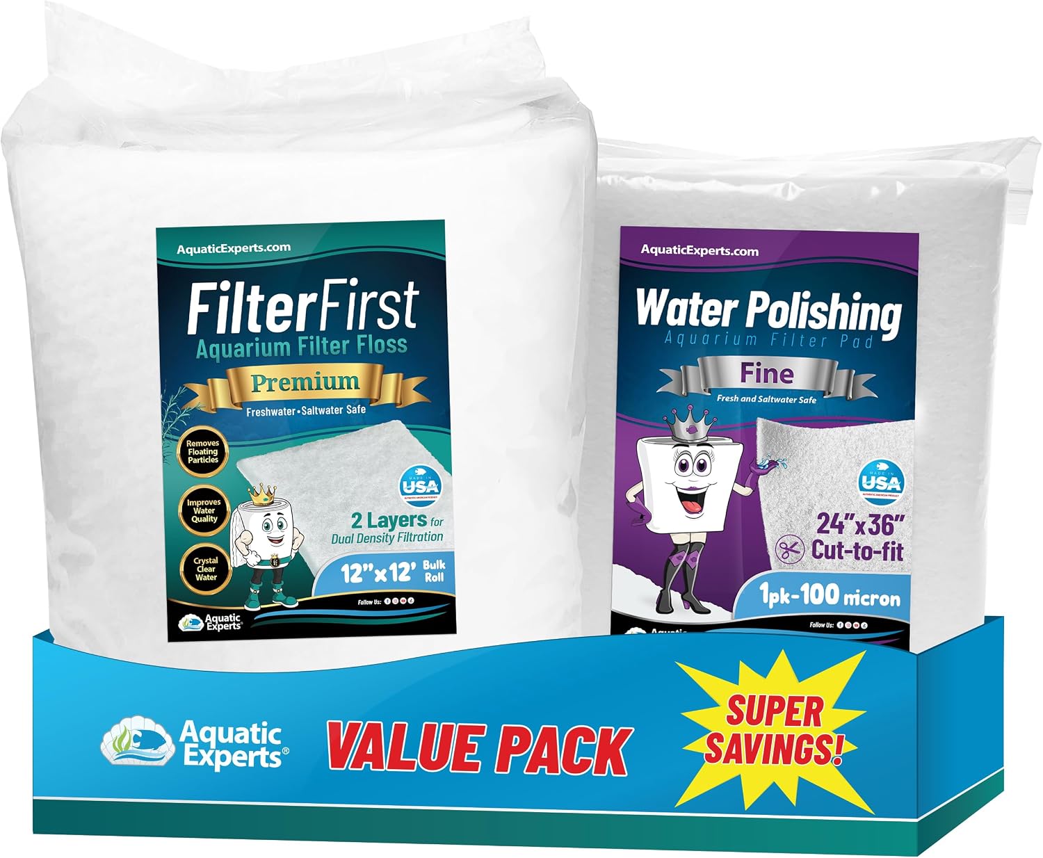 Aquatic Experts 12" x 12 Feet FilterFirst Aquarium Filter Pad and 100 Micron Polishing Filter Pad - 1 Pack Value Pack