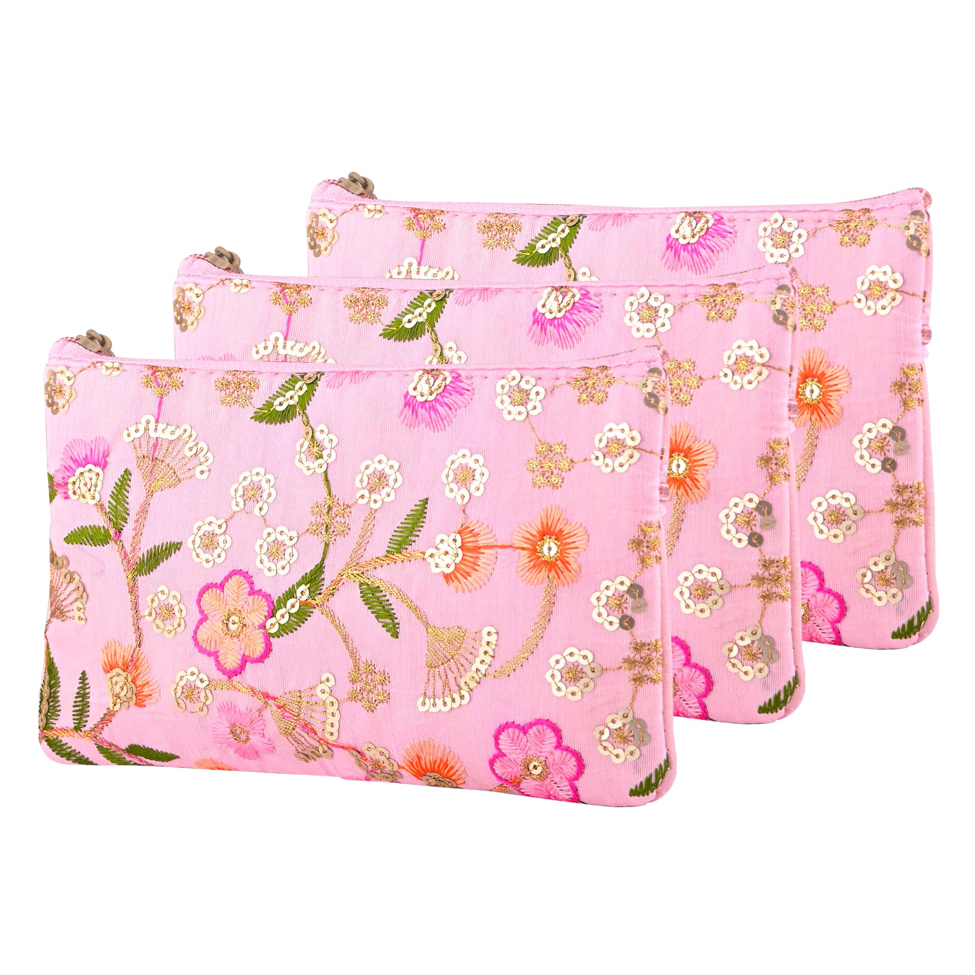 Heart Home 3 Pcs Traditional Hand Purse Ladies with Zip | Embroidery Wallet Purse For Women |Return Gift for Ladies | New Flower - Light Pink-image-44