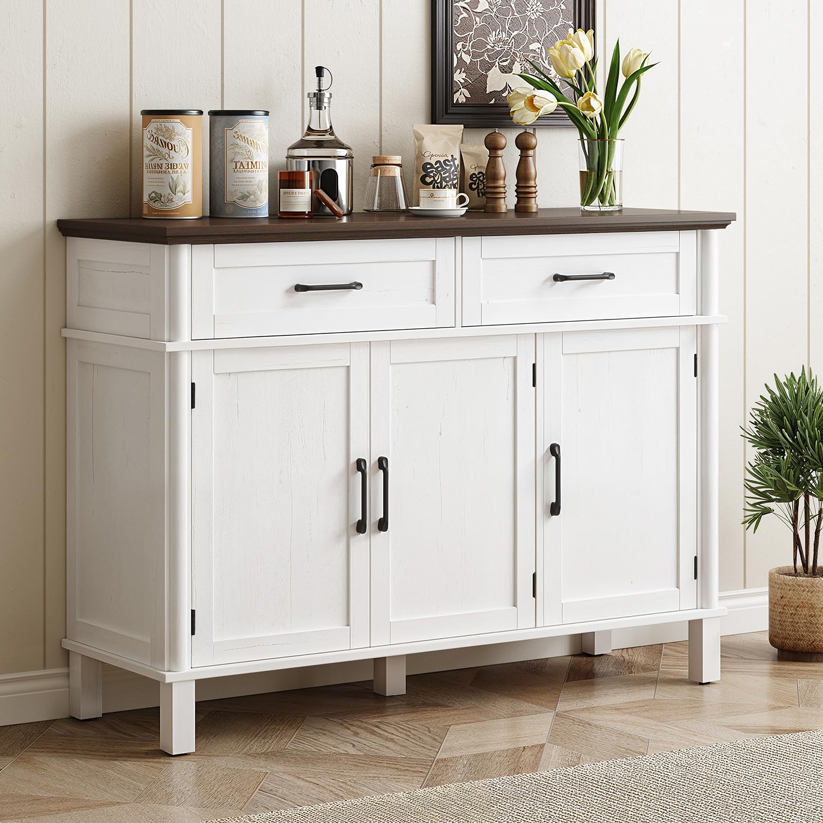 48 Inches Buffet Cabinet with Storage, Farmhouse Sideboard Buffet w/2 Drawers and 3 Doors, Wood Coffee Bar Cabinet with Adjustable Shelves, Sideboard