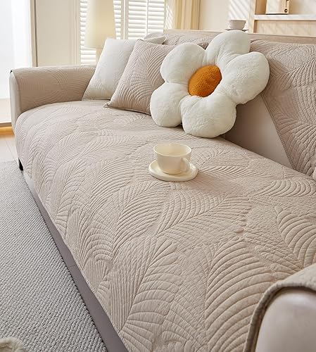 Miniatura 13 de vCTops Funda acolchada de algodón suave para sofá, con bordado de hojas neutrales, antideslizante, lavable para perros, niños y mascotas (crema, 28
