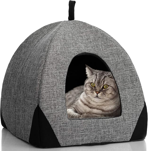 Hollypet Cat Bed Kitten Bed Small Dog Bed Cat Tent Comfortable Igloo Pet Bed with Removable Cushion Cat Sleeping Cave, Dark Grey(38 * 38 * 43cm)