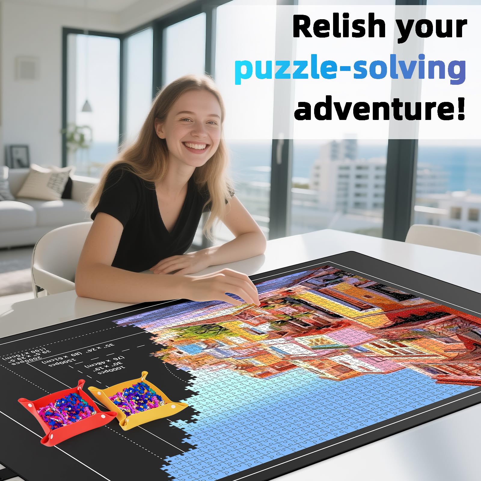 Tapis Puzzle 3000 Pièces - Matériau en Caoutchouc - 150 X 100 cm Tapis de Puzzle à Rouler - Accessoire pour Puzzles - Rangement Puzzle avec 8 Trieur Puzzle - Emballage Cadeau