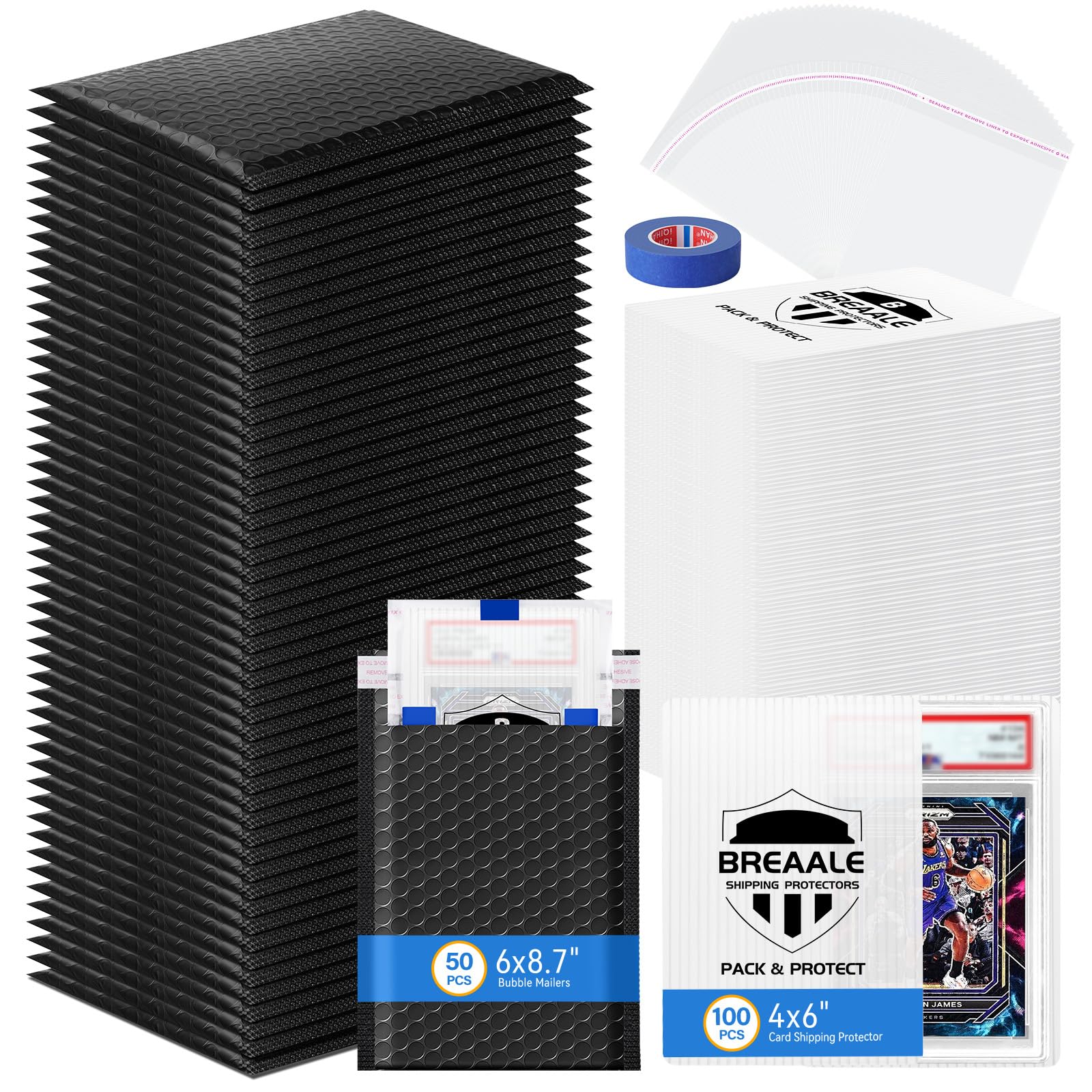 Trading Card Shipping Kit, Includes 100 4'' x 6'' Graded Card Shipping Protectors, 50 6'' x 8.7'' Envelope Bubble Mailers, 20M Painter’s Tape, 50 Cellophane Bags, PSA BGS CGC Slabs & Raw