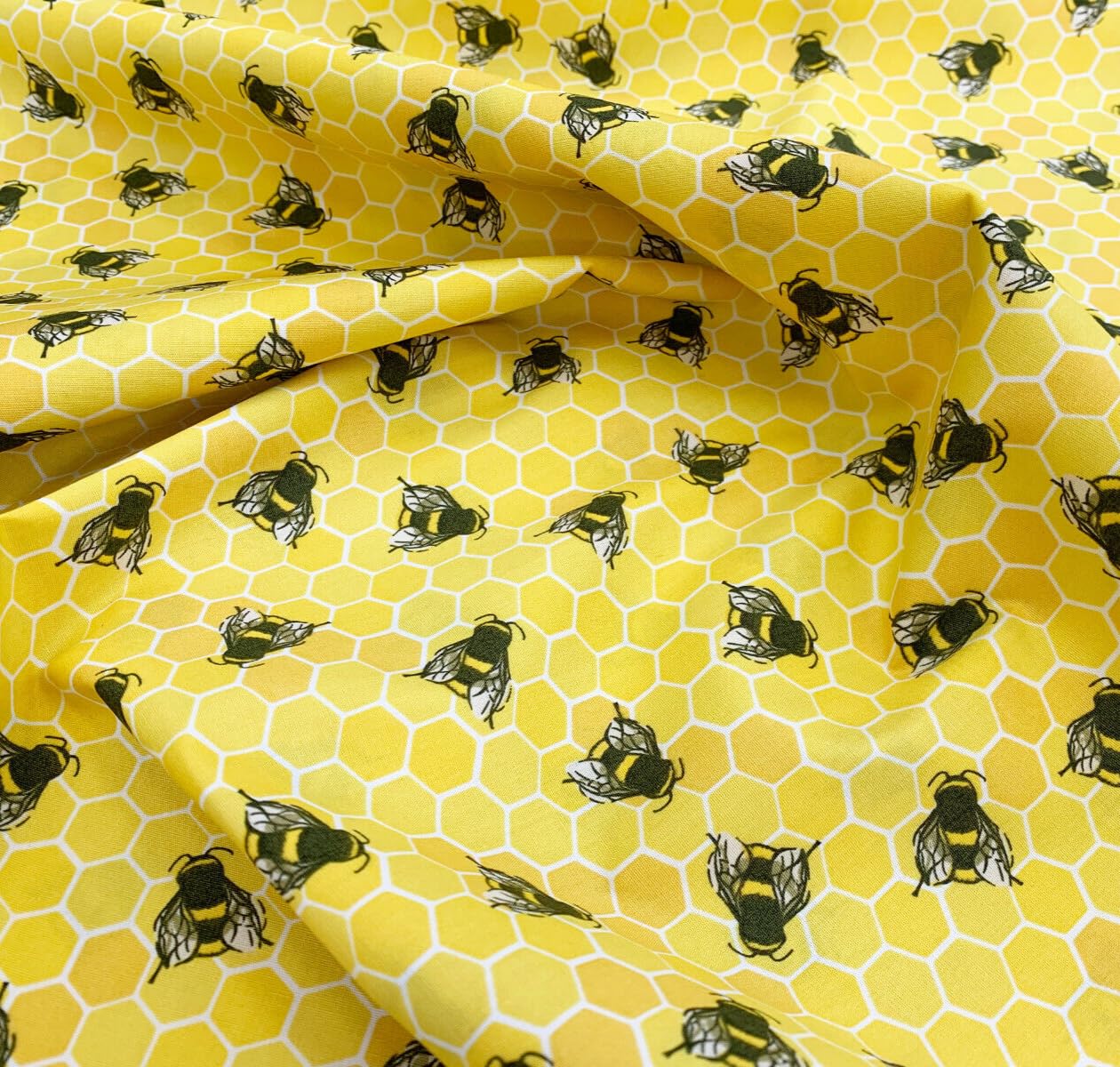 100% Cotton Fabric - Honey Bees & Honeycomb Print on Yellow - Craft Fabric Material Metre