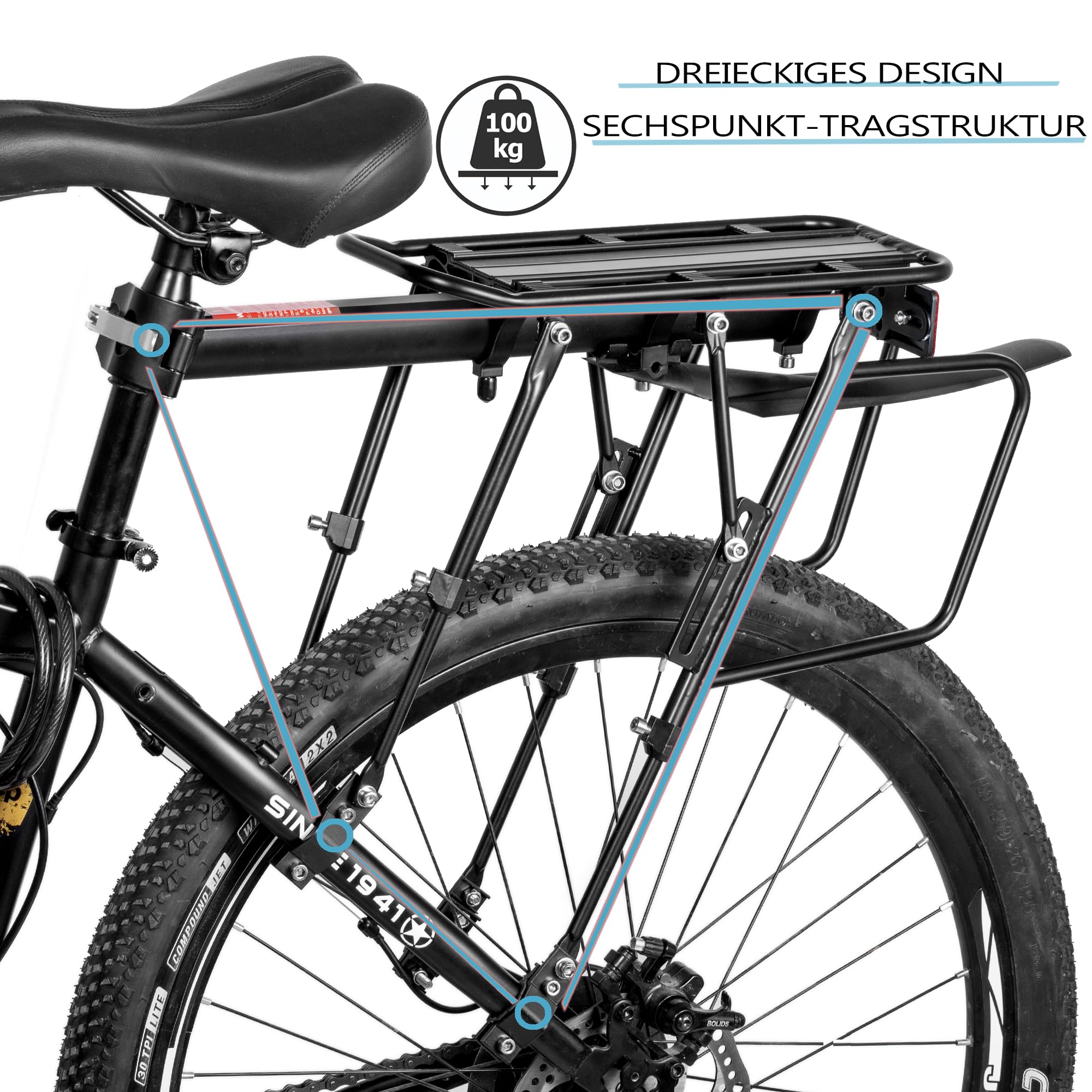 Fahrrad Gepäckträger Set [24-29 Zoll ]- 100KG Tragfähigkeit Fahrrad Gepäckträger Hinten mit Schutzblech und großem Reflektor, Schnellverschluss Fahrradträger für Mountainbike & Rennrad
